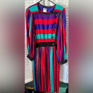 Rare Vintage 80s Jeanne Marc Sz 10 Midi Dress-stripes & Polka Dots.Vibrant Color